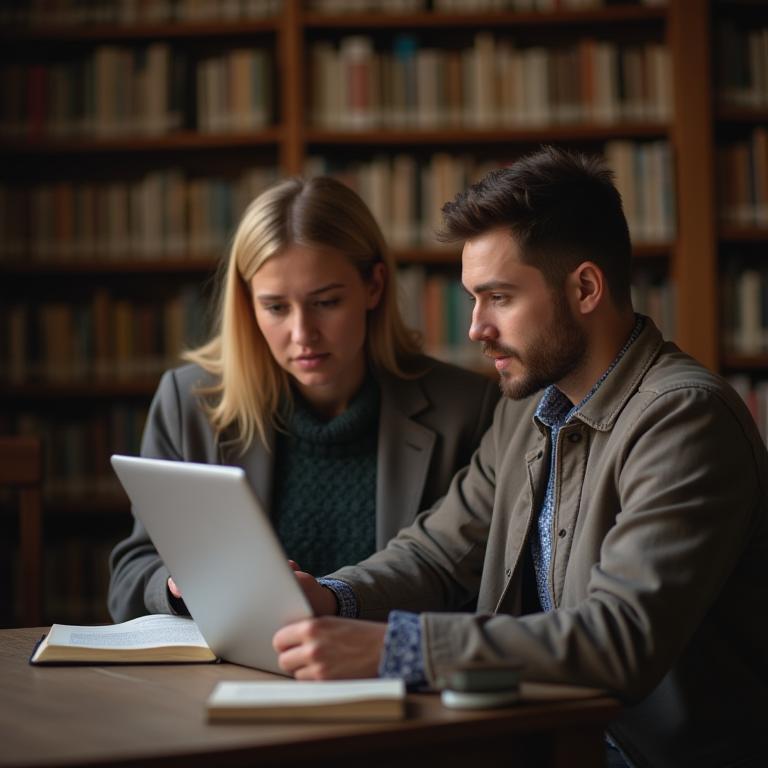 Tutorat personnalisé en histoire - Étudiant et tuteur discutant devant une bibliothèque